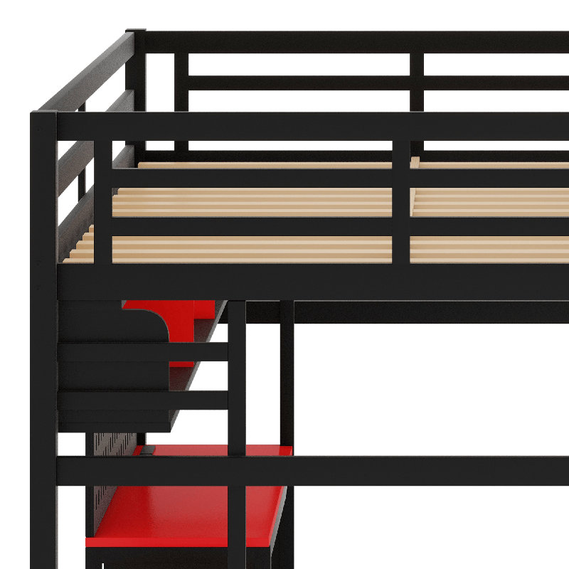 Lit mezzanine en bois avec bureau, Noir / rouge