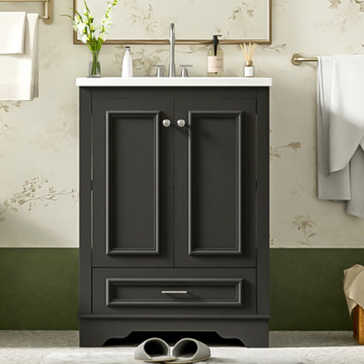 Meuble-lavabo 24 po avec lavabo en céramique, armoire de rangement autoportante moderne avec poignées argentées, portes à fermeture douce