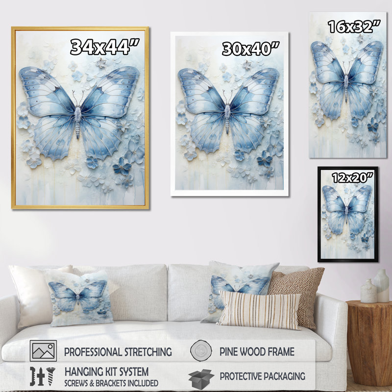 «Blue Butterfly Whispering Wings I», art mural papillon, Cadre simple noir, H 32 po x l 16 po x P 1 po