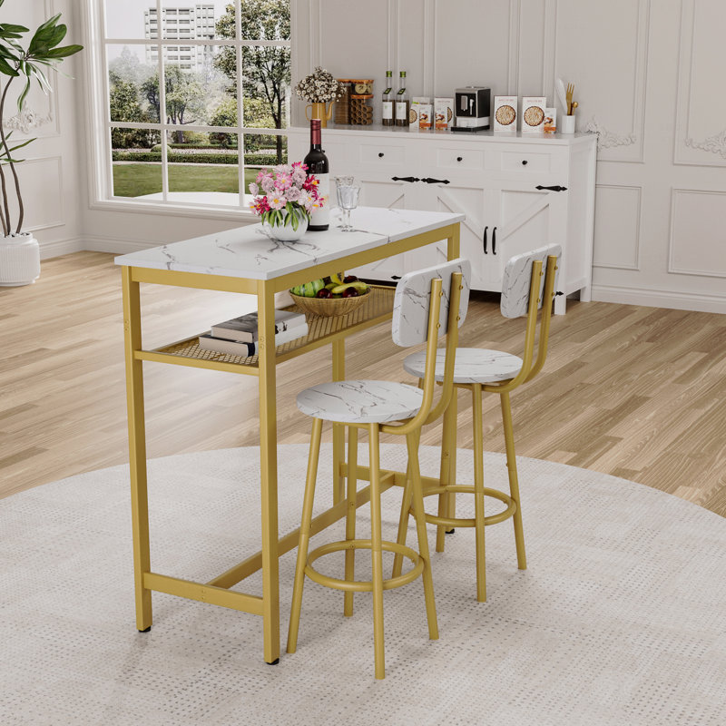 Dining Table Set With 2 Dining Stools,3 Piece Counter Height For Kitchen, Living Room, Small Apartment Breakfast Table White Fau X Marble Top