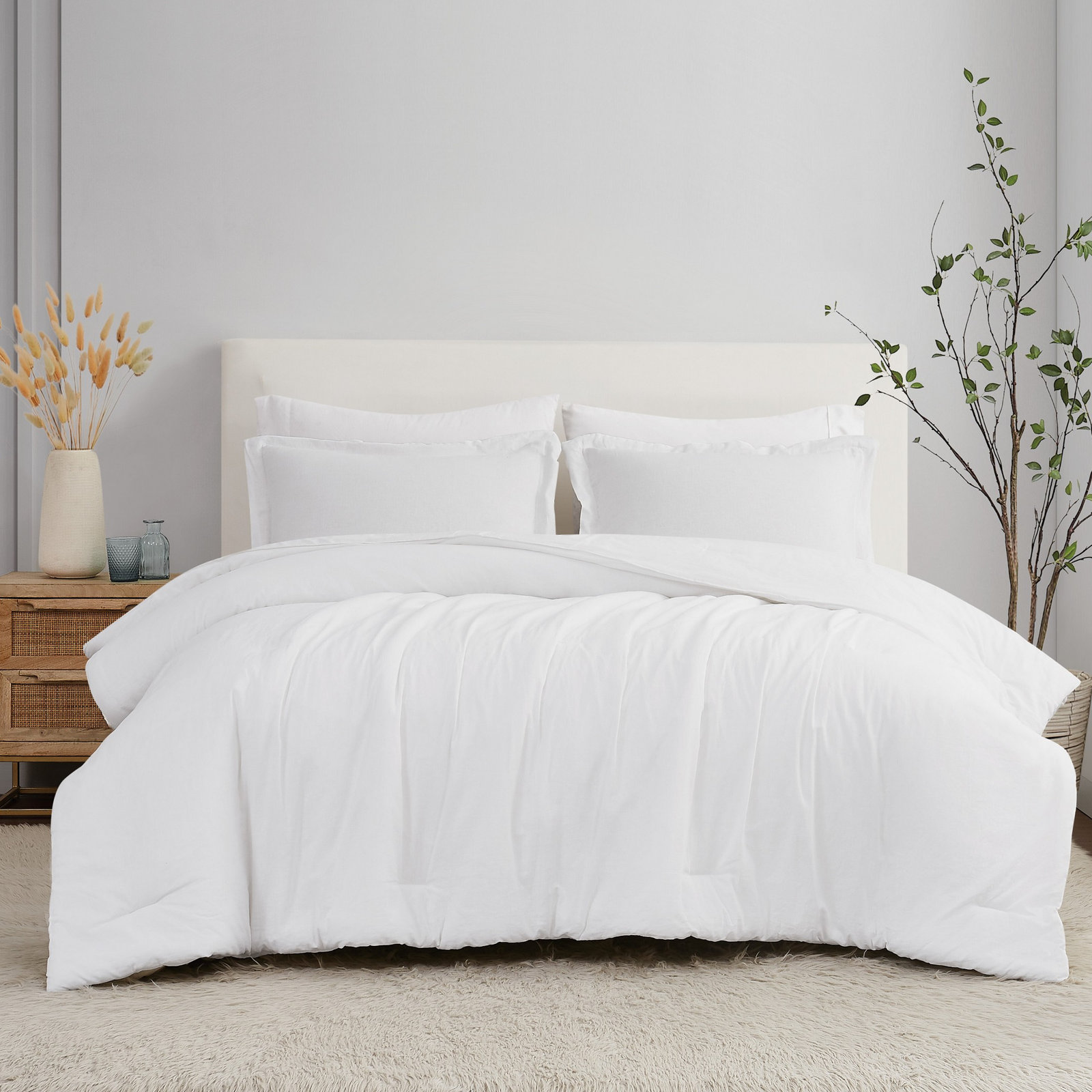Nena Linen Bedding Set, King Comforter + 2 King Pillow Shams, White