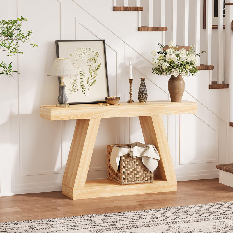 55" Farmhouse Console Table, 2-Tier Wooden Trapezium Sofa Table with Open Shelf, Rustic Entryway Table, Natural