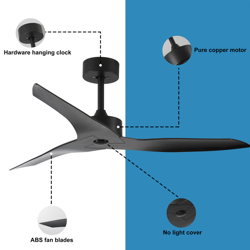 Ventilateur de plafond noir 52 po sans lumière avec télécommande, Noir