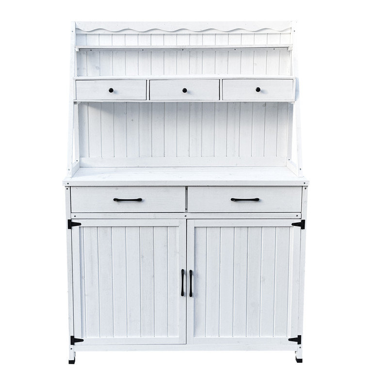Banc de rempotage extérieur blanc 64,5 "avec armoire de rangement et 3 tiroirs - Poste de travail bas en bois avec tablette amovible