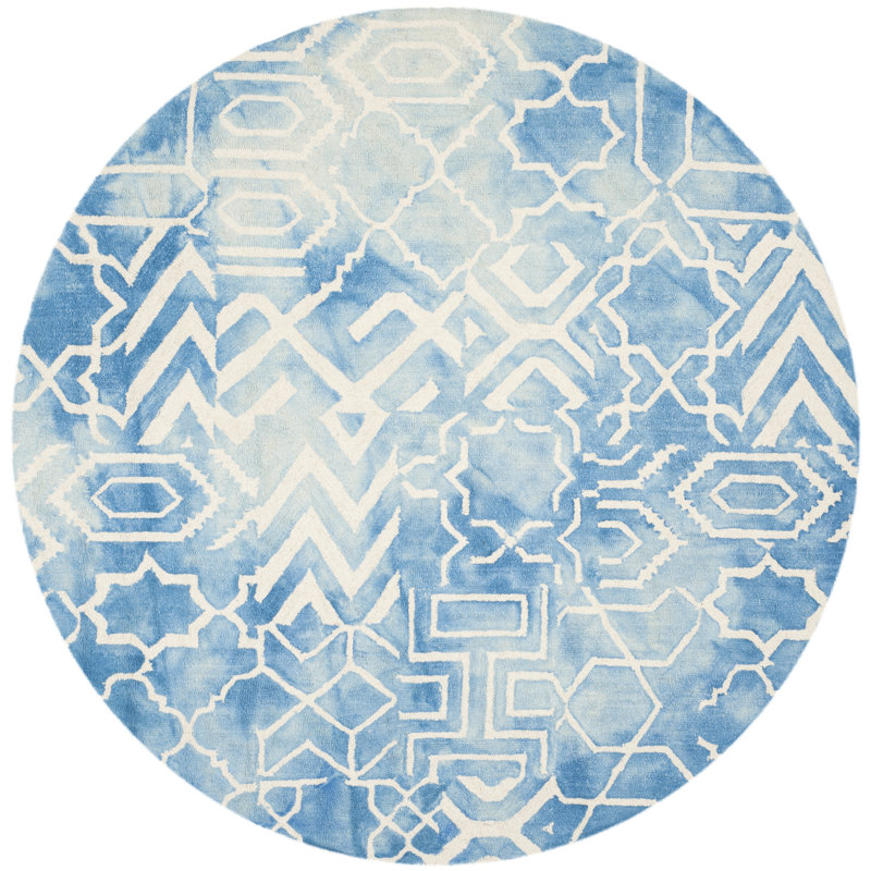 Dip Dye Hand Tufted Wool/Cotton Geometric Rug in Ivory/Blue, Round 7'