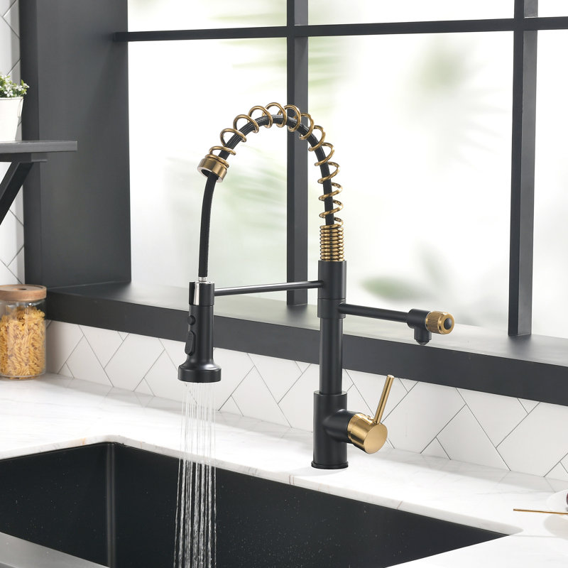 FLG Pull Down Kitchen Faucet, Black/Brushed Gold