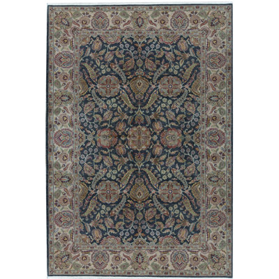 Mahajaran Wool Oriental Area Rug in Navy/Camel