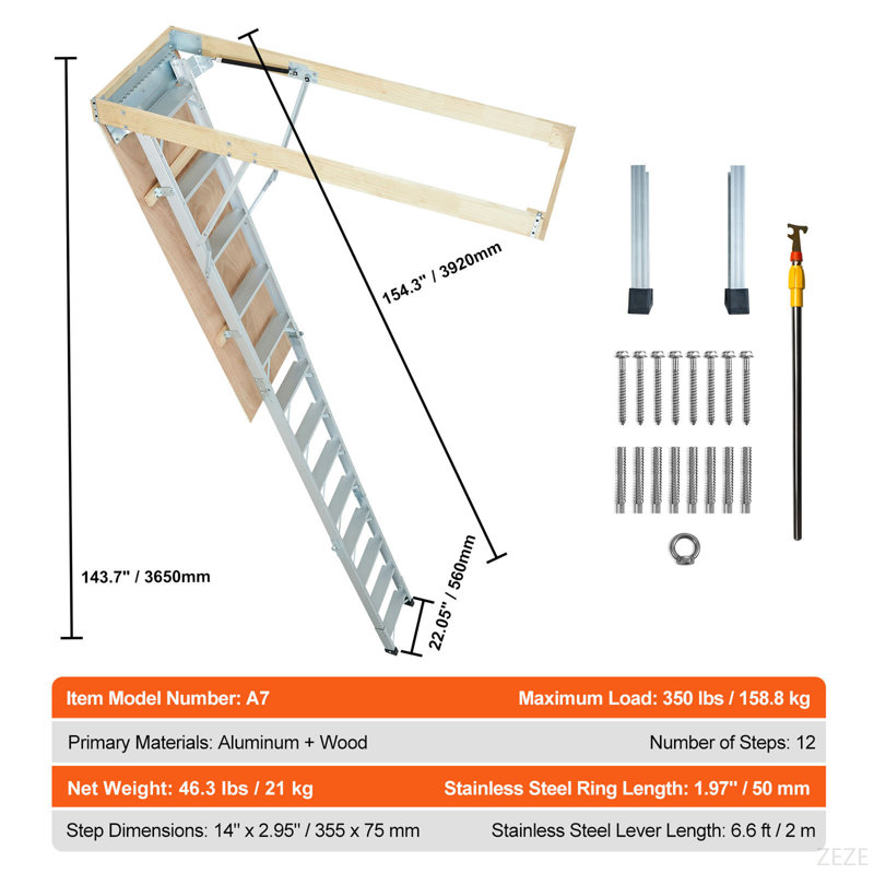 Échelle de grenier pliable, capacité de 350 livres, 22,5 po x 63 po, extension en aluminium polyvalente, légère et portable, convient aux plafonds de 9,5 à 12 pi, accès pratique à votre grenier standard