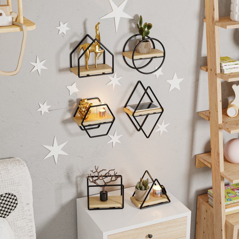 Modern Wall Shelf Set (6 Pieces), Gold & Black, 5.9 x 3.9 x 6.7 inches | 100% Solid Wood with Metal Brackets | Stylish Geometric Design, Total Bearing Capacity: 6.6 lbs | Perfect for Home Decor & Organizing Spaces