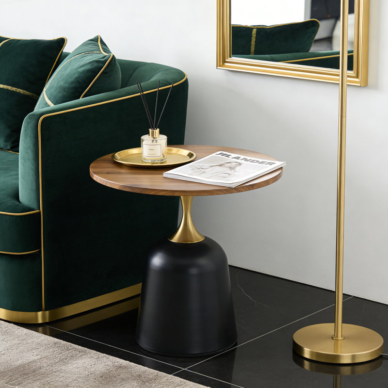 Table d'appoint de salon avec petite table d'appoint, table d'appoint étroite, plateau en bois et base en métal, Noyer