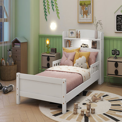 Solid Wood Platform Bed with Bookcase Headboard, LED Motion Sensor Lights and Sturdy Guardrails
