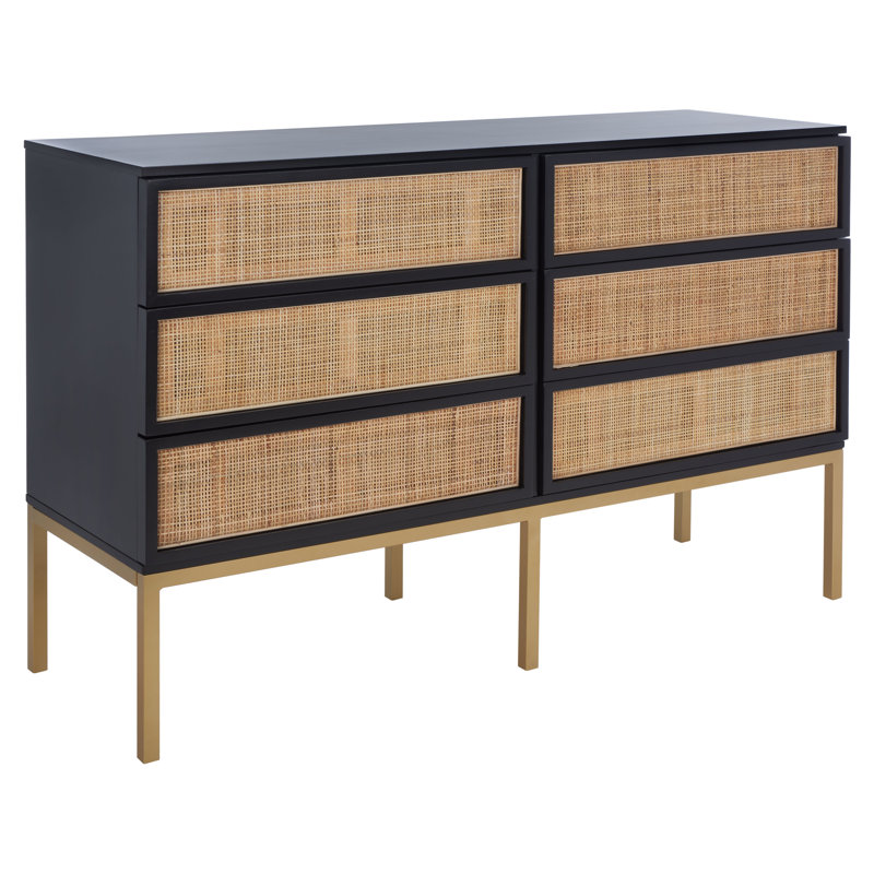 Commode 6 tiroirs Prudhoe, Or / noir avec rotin naturel