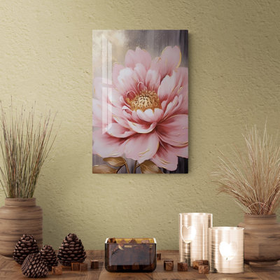 Tempered Glass Natural Style Wall Art Decor Pink Flower with Gold Accents Print on Glass Wall Decor