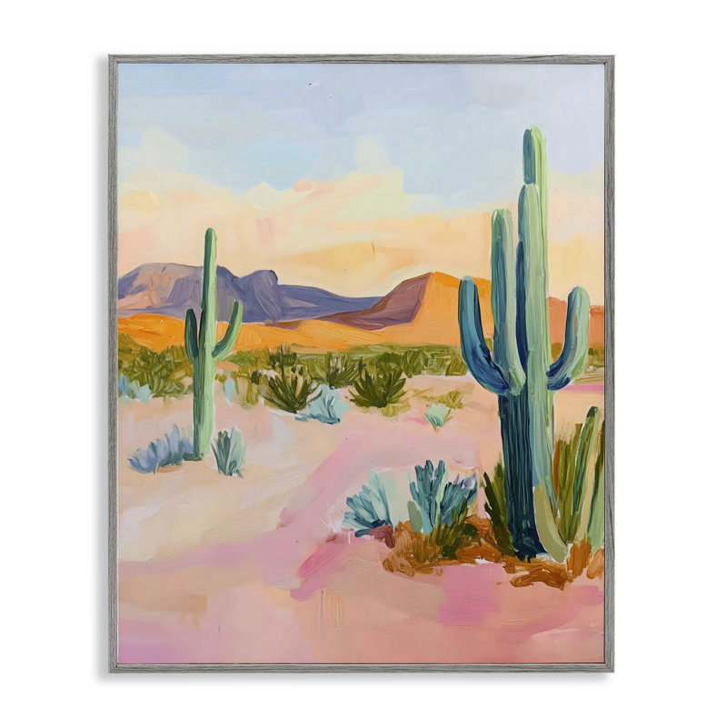 Cactus Desert with Soft Sunset Framed Giclee, design by The Prints Vibe, 20 x 16, Farmhouse Grey Giclee Framed