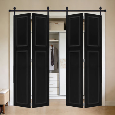 2-Panel Bi-Fold 84 In.X24 In. MDF White Walnut Barn Sliding Door With Hardware Kit
