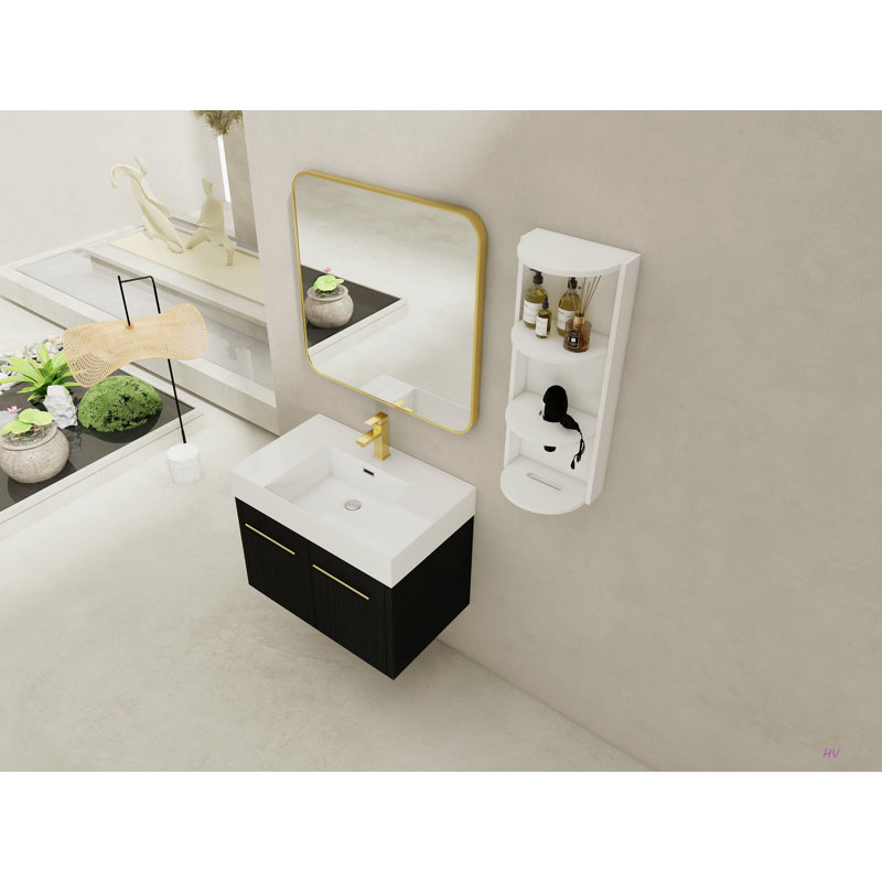 Meuble-lavabo mural de 30 po avec lavabo et support de rangement, lavabo en résine à rebords épais, ensemble KD