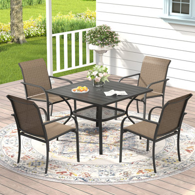 4-Person Patio Dining Set with Square Metal Dining Table and Stackable PVC-coated polyester Armrest Chairs