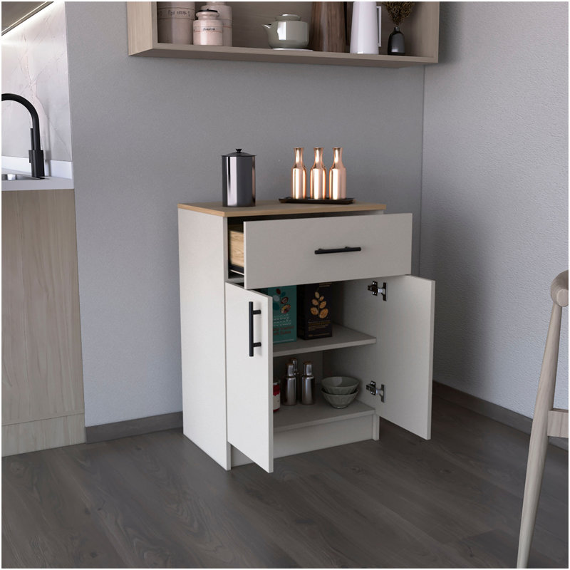 Armoire de rangement Pantry H 33 po, un tiroir, deux tablettes intérieures, deux portes, ivoire / chêne naturel