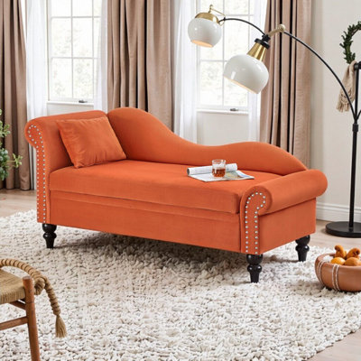 Chaise longue en velours avec rangement UNABO, chaise longue ergonomique avec accoudoir gauche et coussin lombaire