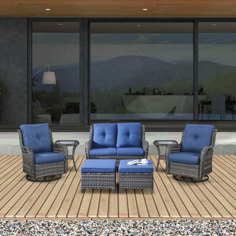 Bonia Wicker 4 - Person Patio Conversation Set with Cushions, Blue, Gray