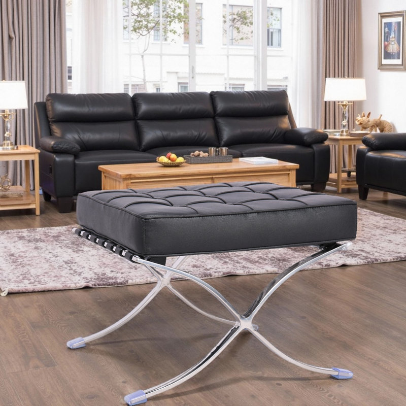 Repose-pieds en cuir capitonné Classic avec structure en acier inoxydable, Cuir synthétique noir