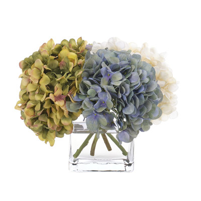 Hydrangea, Blue Cream, Glass Cube, 11wx10dx9h