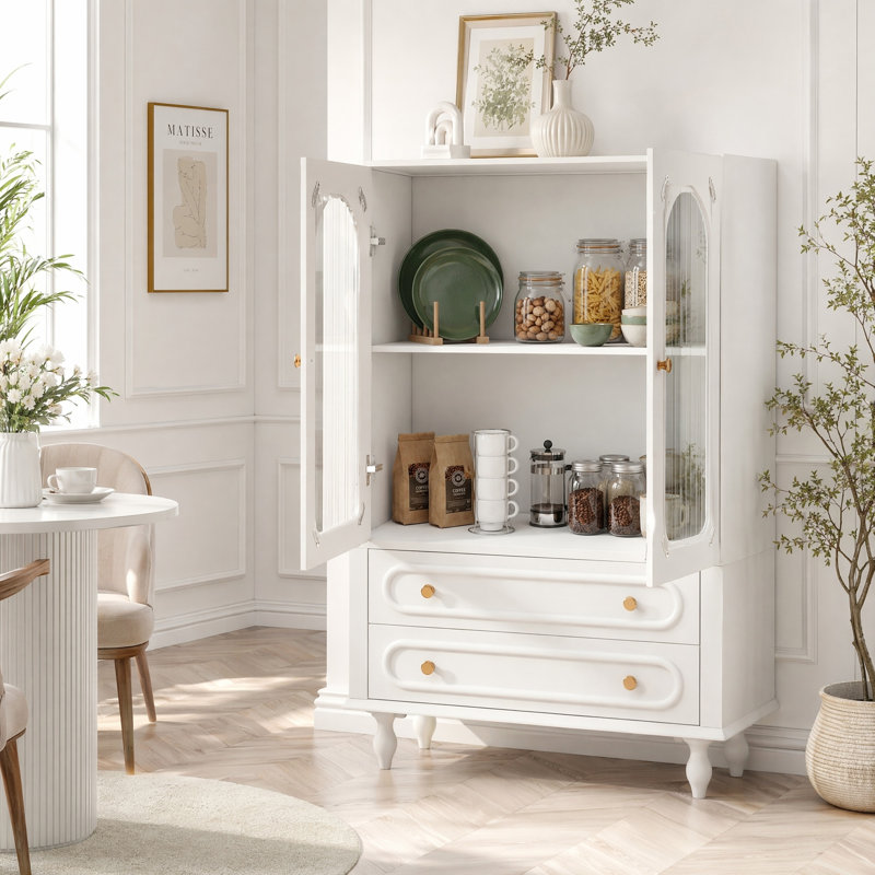 Vitrine en verre avec portes arquées, tiroir et tablette réglable, Blanc