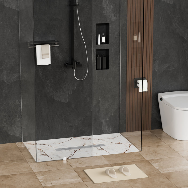 60＂W X 36＂SMC Solid Surface Shower Pan Base With Stainless Steel Drain Cover, Non-Slip Textured, Low-Profile, Curbless, Wheelchair Accessible, Center Drain