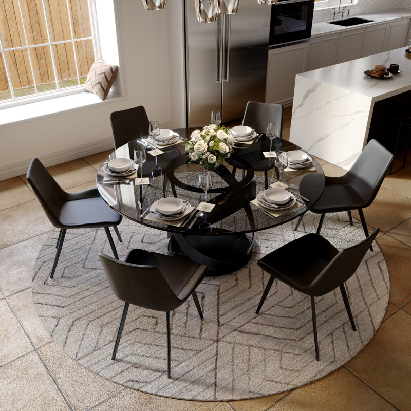  Table de salle à manger ronde moderne avec base à piédestal, base en acier au carbone pré-assemblée, Gris, Noir