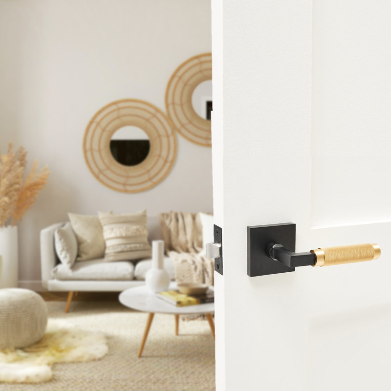 Geneva Solid Brass Matte Black Door Lever with Satin Gold Knurled Handle, Privacy 