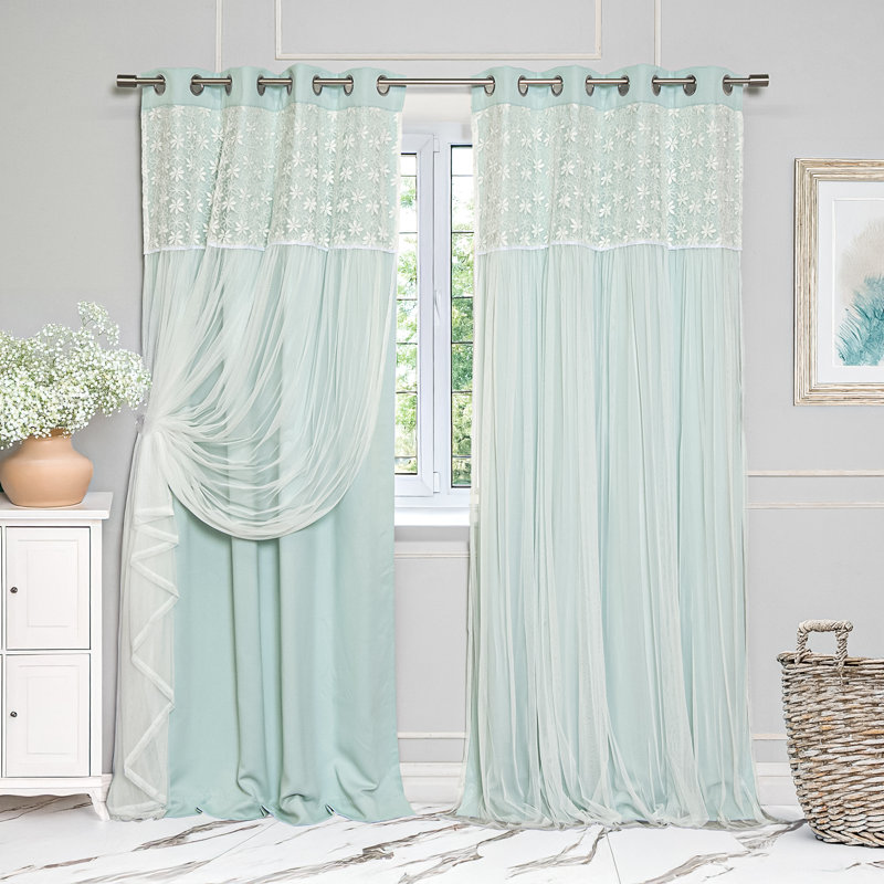 Everina Lace Overlay Nature Floral Room Darkening Thermal Grommet Curtain Panels, Mint, 52" W x 96" L
