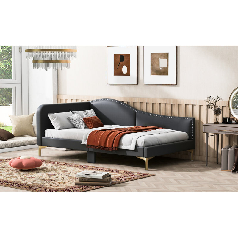 Lit de jour simple avec tête de lit en lin et accoudoirs gris - cadre, revêtement décoratif élégant et élégant, Lit simple
