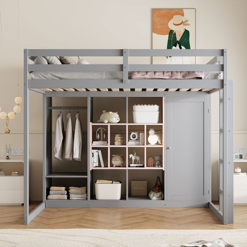 Lit mezzanine en bois avec garde-robe, tablettes et armoire, Rose / Gris, Double