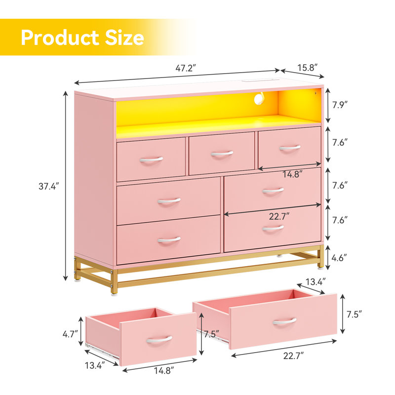 Modern 7-Drawer Dresser with Charging Station and LED Lights, Bedroom Storage Organizer Furniture, Pink