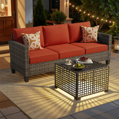 Ensemble de canapé d'extérieur moderne en osier 2 pièces avec table basse à éclairage solaire, canapé 3 places et coussins pour la cour, le patio et le jardin