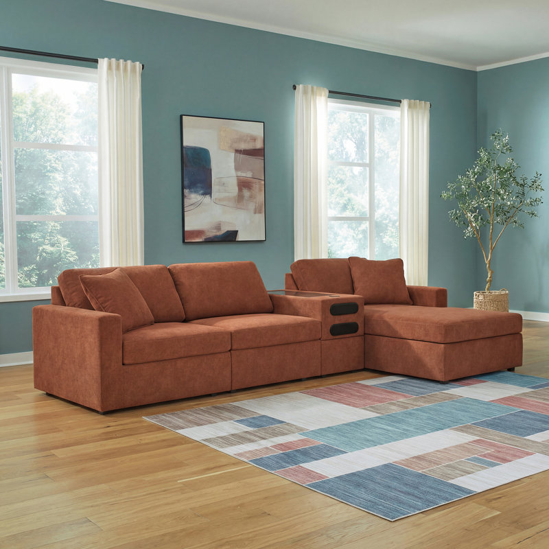 Braintree 4-Piece Sectional With Chaise And Audio Console, Right Hand Facing, Brown Polyester