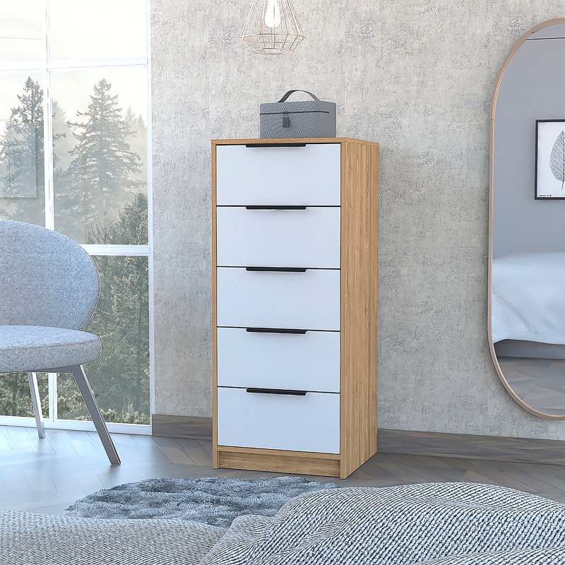 Commode 5 tiroirs, commode verticale, Blanc / beige