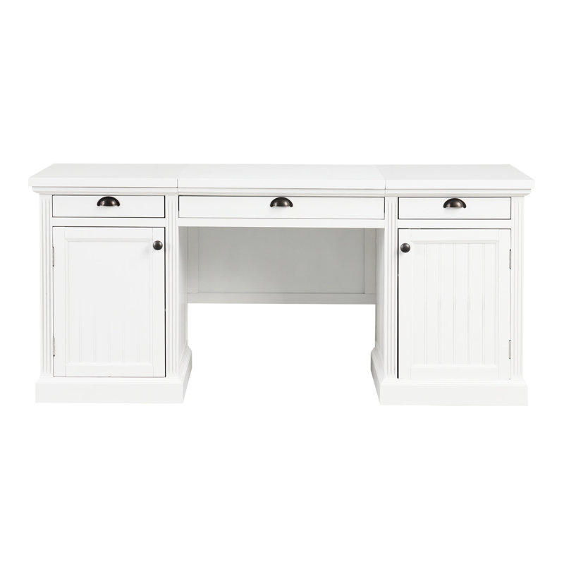 Bureau moderne blanc de 67 po. 2 armoires de rangement, 3 tiroirs. Rectangle pour bureau personnel, salon, bureau. Surface de travail spacieuse. Bois massif Tablettes réglables silencieuses. Étude élégante avec armoires