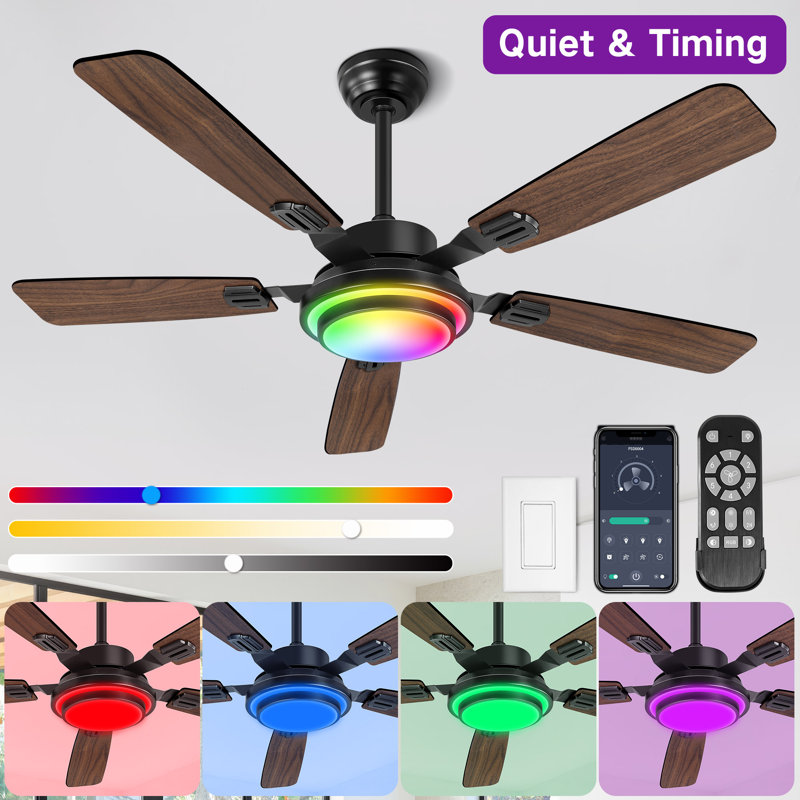 52" RGB Ceiling Fan With Led Light and Remote/APP Control, Black