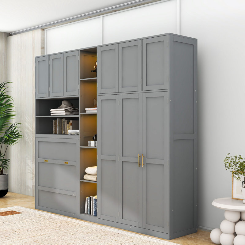Lit simple escamotable en bois avec tablettes, Grey