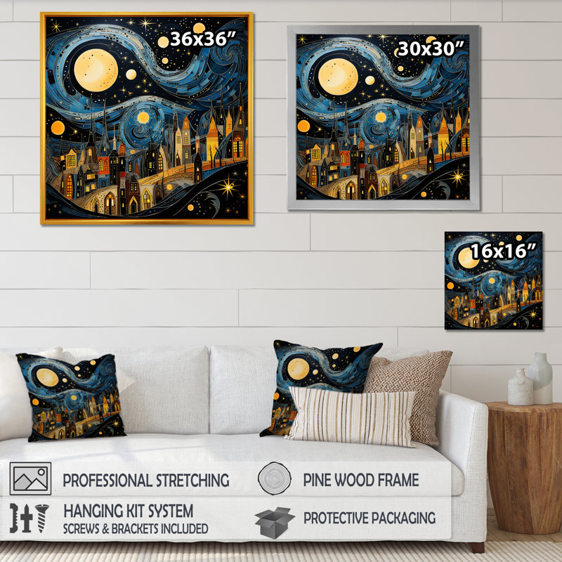 Collage au clair de lune bleu et jaune de la ville I - art mural paysage urbain, Cadre doré simple