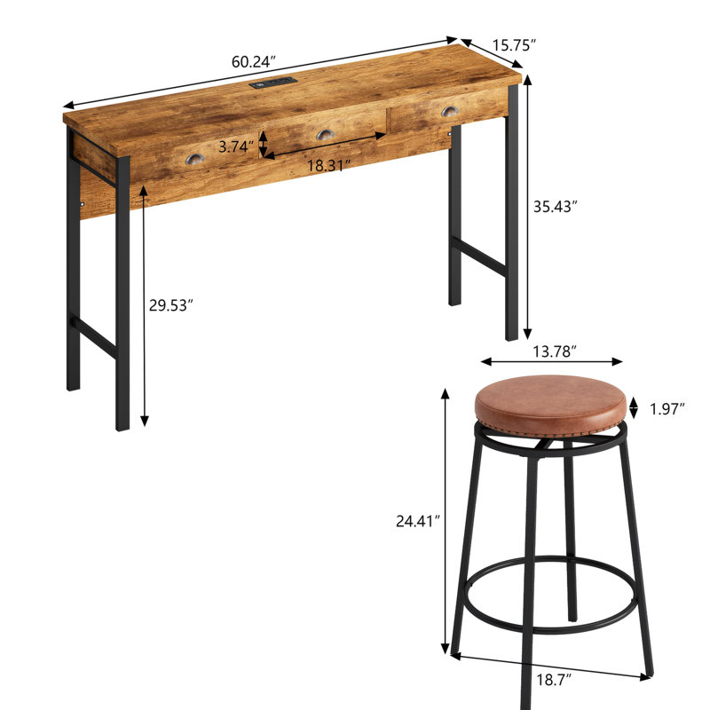 Yaneri Console Table and Stool Set, Bar Table With Stools Breakfast Bars, Brown