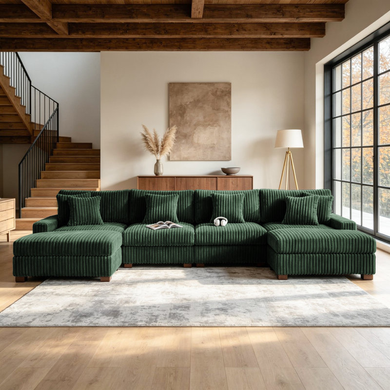 6 - Piece Upholstered Green Faux Rabbit Fur Flannel Modular Sectional Sofa with Throw Pillows & Removable Ottomans