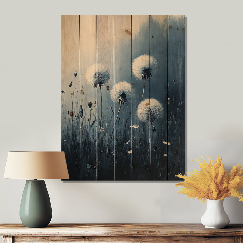Pissenlit silencieux dans un minimalisme II - art mural en bois de pissenlit - sur bois de pin naturel