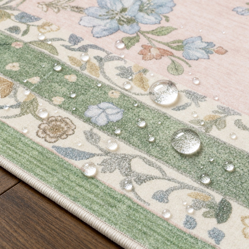 Tapis intérieur rosé / vert / beige Amboy Verdant, lavable à la machine, avec envers antidérapant, Rectangulaire 8 pi x 10 pi