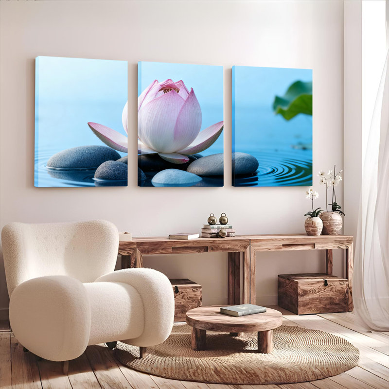 Ensemble de 3 tableaux sur toile tendue représentant des fleurs de lotus et des pierres zen, H 30 po x l 60 po