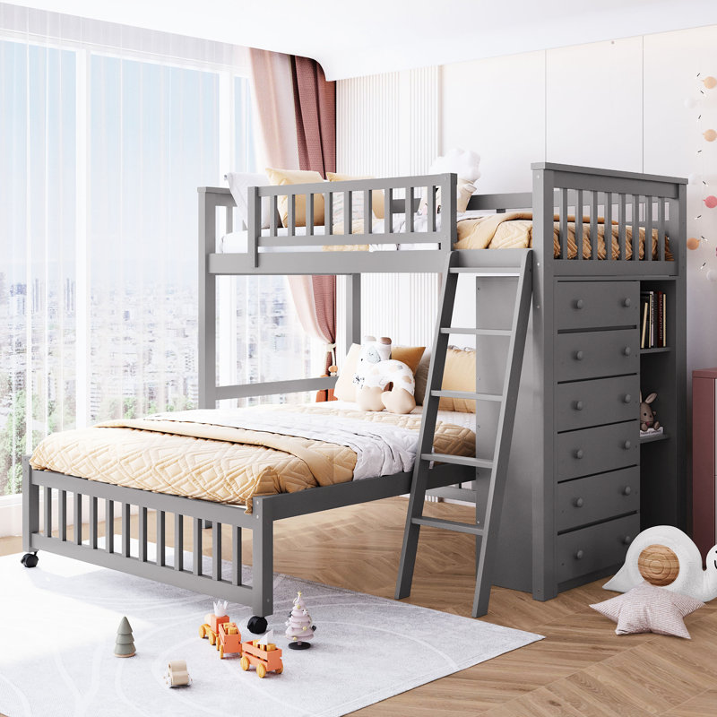 Lit superposé en bois gris, simple et double avec 6 tiroirs et roulettes polyvalentes, rangement flexible et roulant, Gris