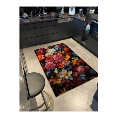 Tapis décoratif floral multicolore à motif de marguerites roses