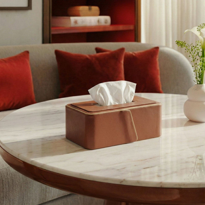 Cognac Leather Rectangle Tissue Box Cover