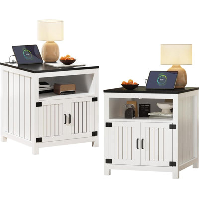 24" Farmhouse End Table Set Of 2 With Charging Station And Storage